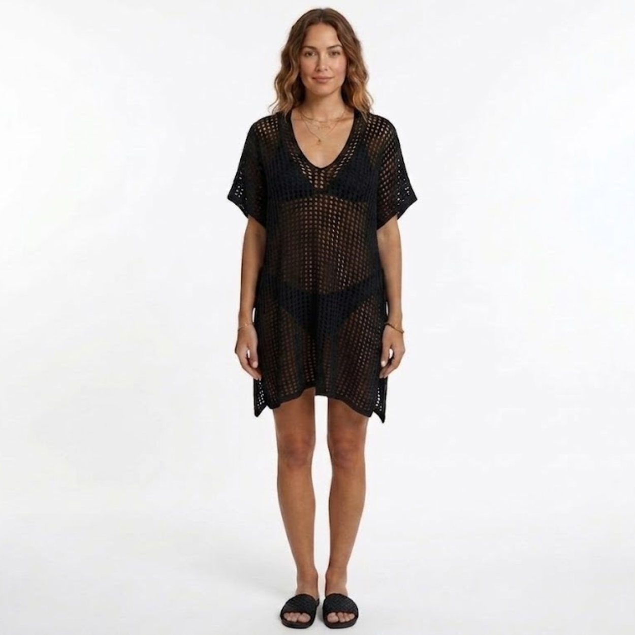 Tunique de Plage Women's Beach Cover Up en Maille Crochetée à Manches Courtes
