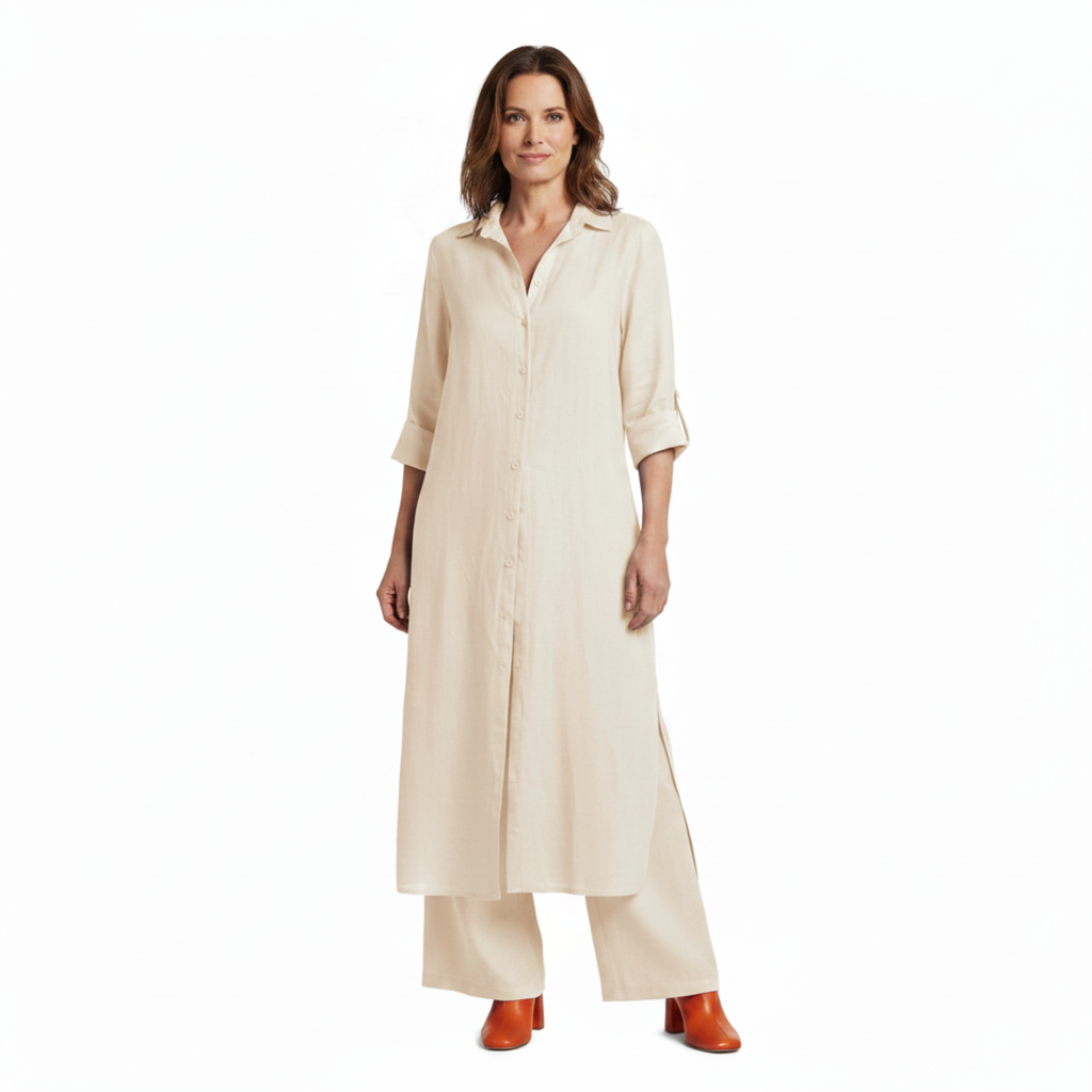 Ensemble Coordonné Chemise Longue à Boutons et Pantalon Large en Lin Mélangé