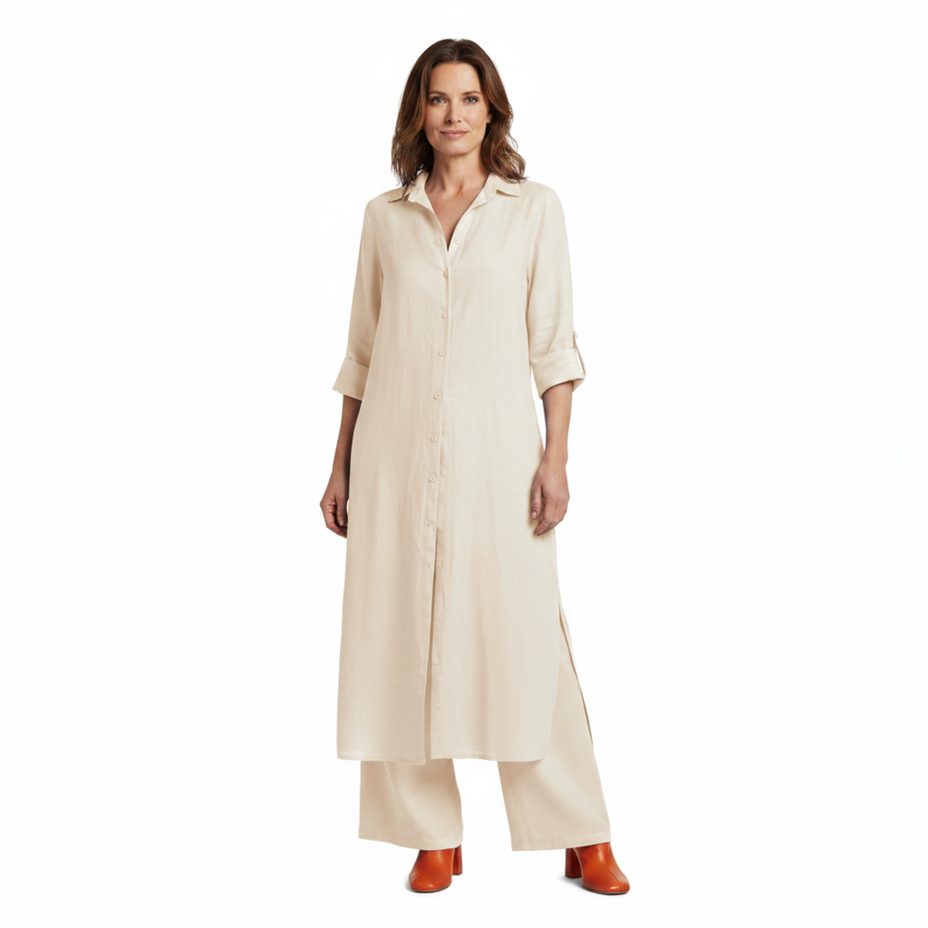 Ensemble Coordonné Chemise Longue à Boutons et Pantalon Large en Lin Mélangé