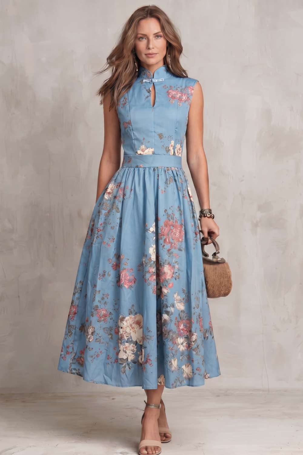 Noirelle | Robe fleurie midi sans manches pour femmes