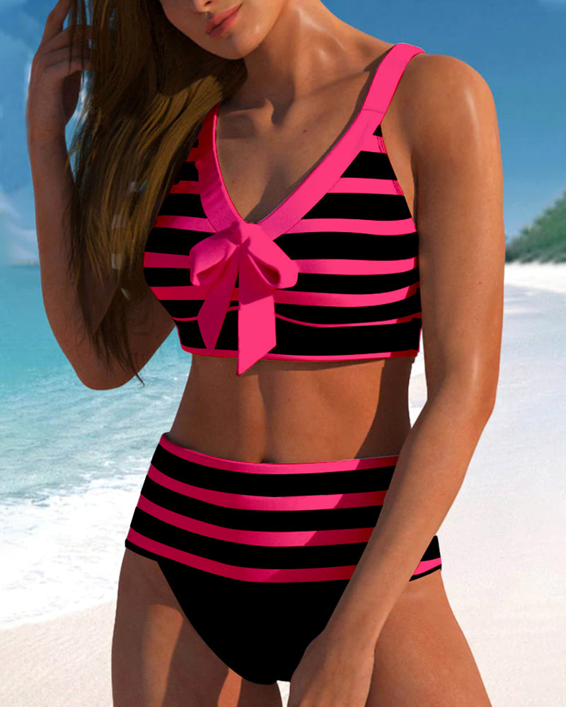Bikini Taille Haute avec Motif Rayé pour Femmes | Idéal pour l’Été