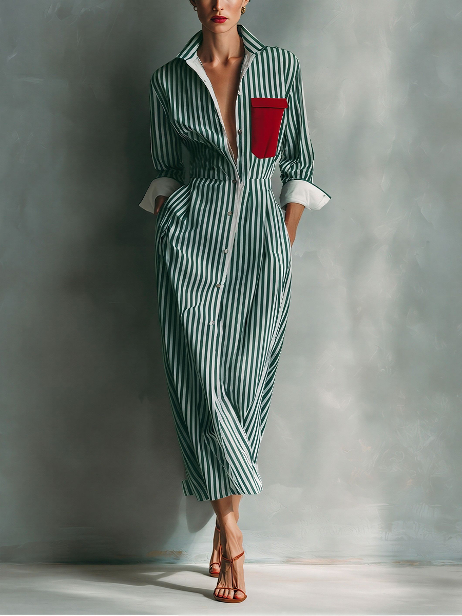 Robe chemise pour femmes en bleu et blanc avec poche poitrine rouge