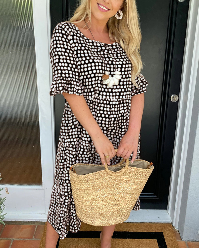 Robe midi à imprimé pois avec col rond