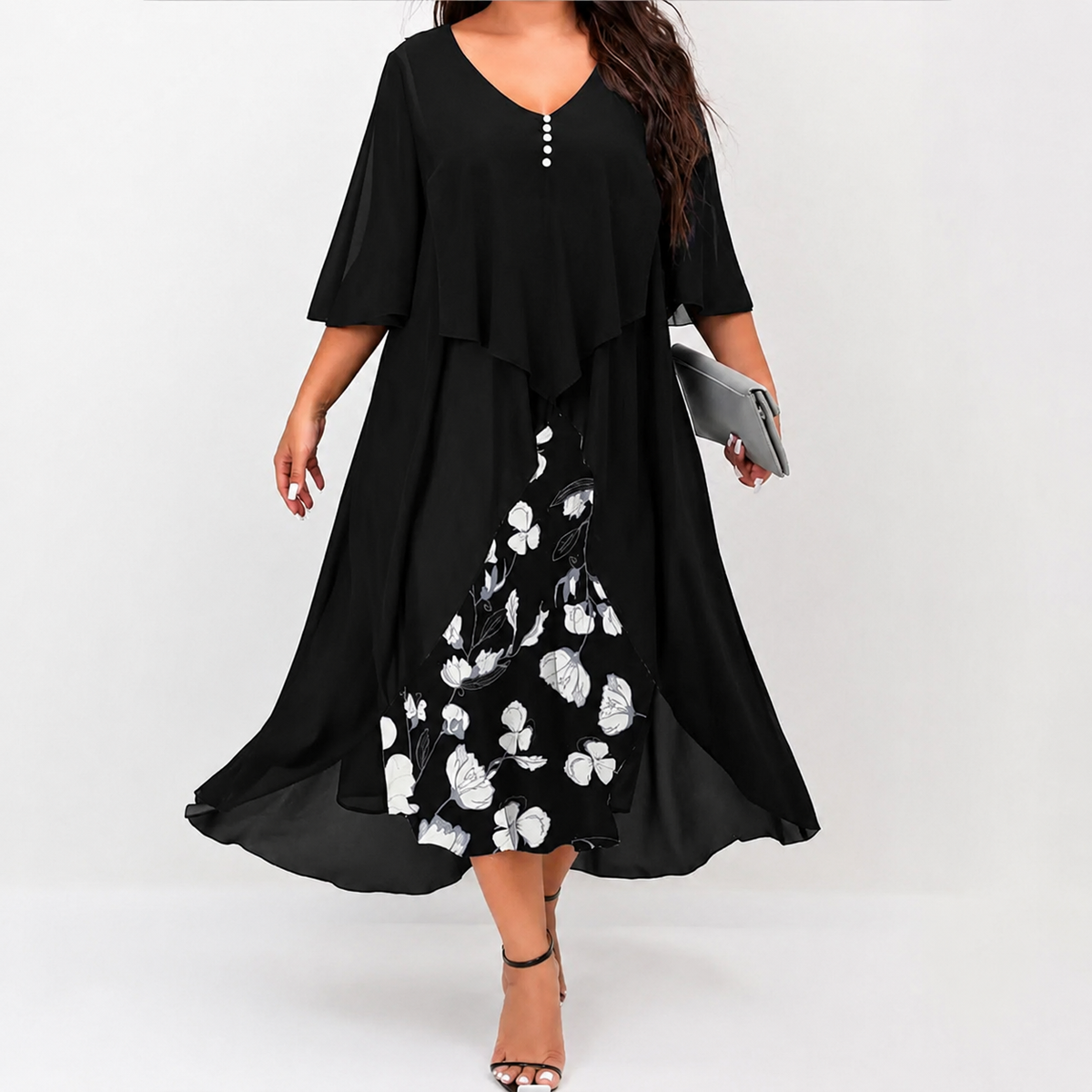 Maries | Robe midi en chiffon à superpositions avec jupe florale