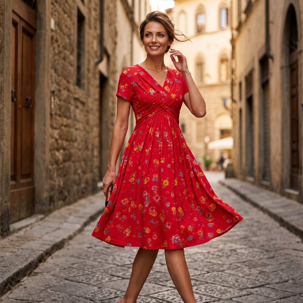 Clavie | Robe midi florale pour femmes avec taille torsadée et poches
