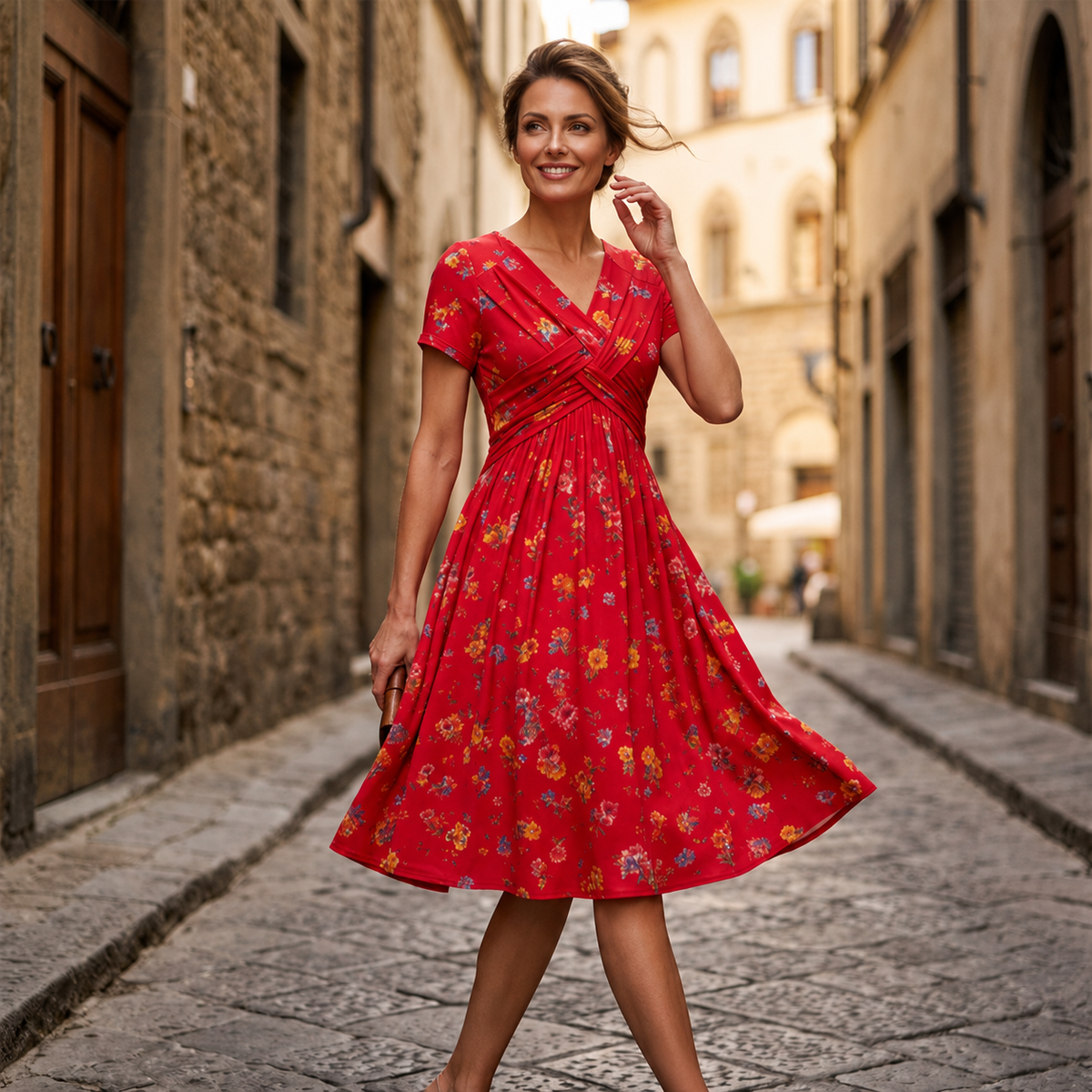 Clavie | Robe midi florale pour femmes avec taille torsadée et poches
