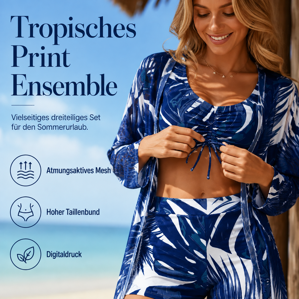 Zeshlea | Maillot de bain tropical trois pièces avec kimono de plage