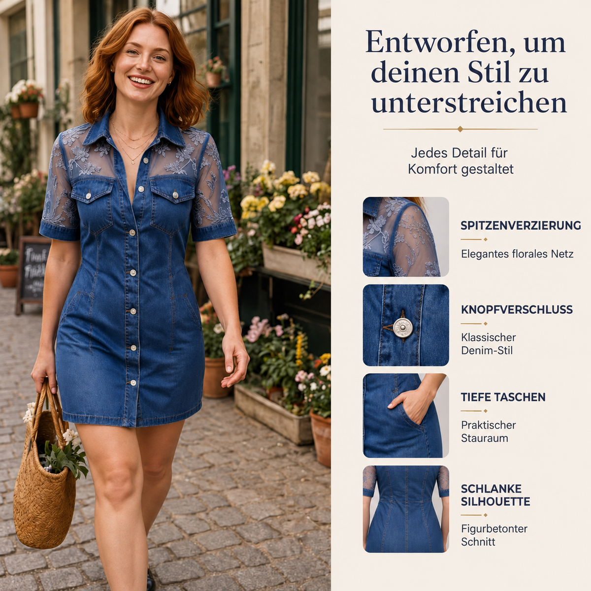 Luocy | Robe en jean mini avec dentelle florale transparente et patte de boutonnage