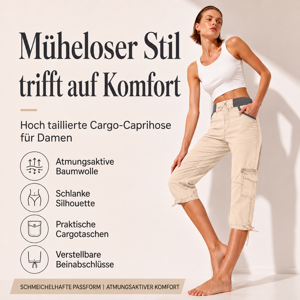 Falivana | Pantalon cargo Capri taille haute avec poches