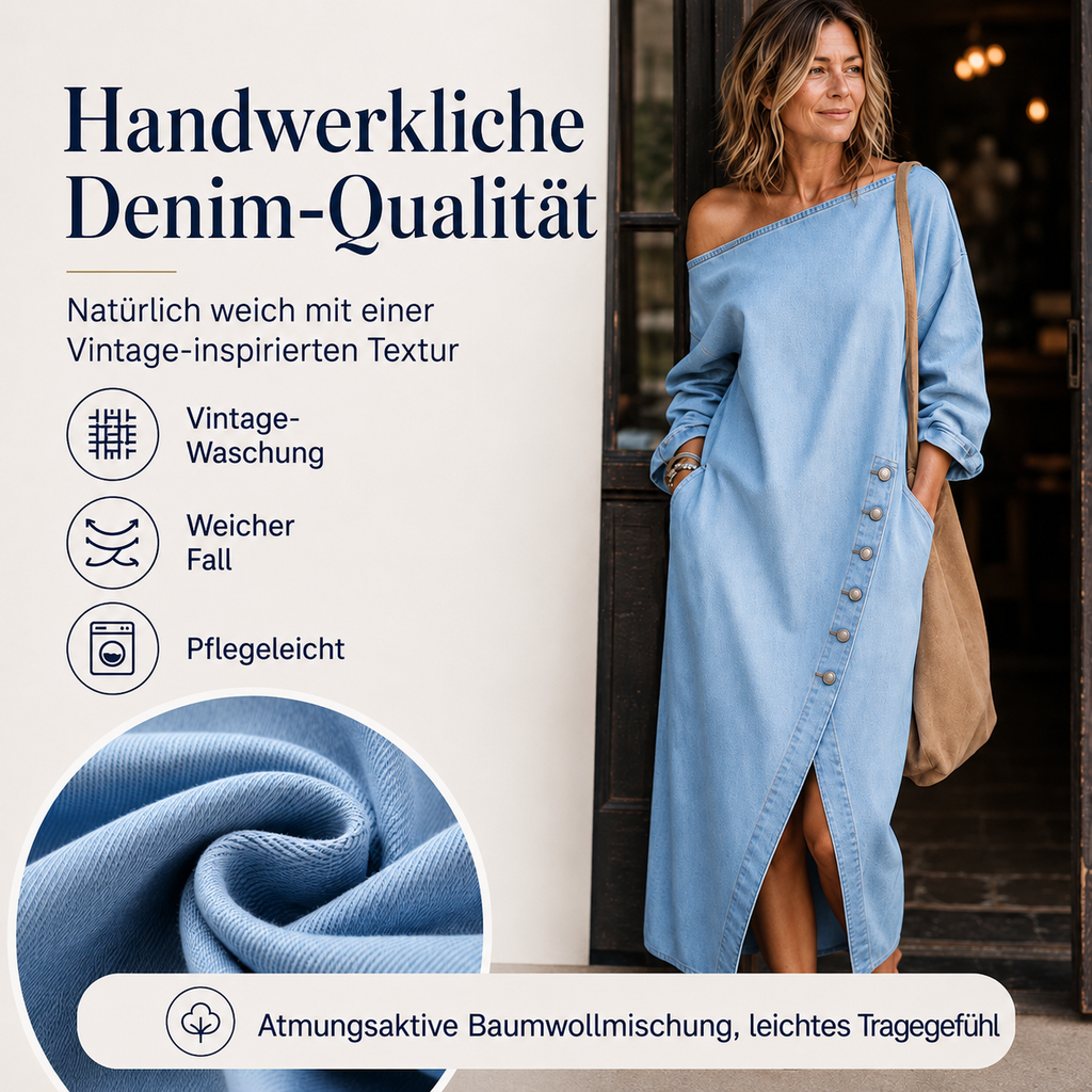 Irmelin | Robe midi en denim sans épaules avec boutons latéraux