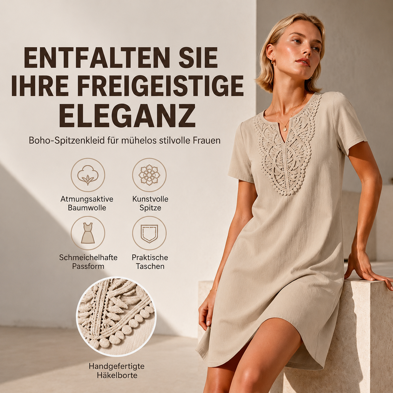Erbeth | Robe T-Shirt Boho avec Dentelle et Décolleté en V