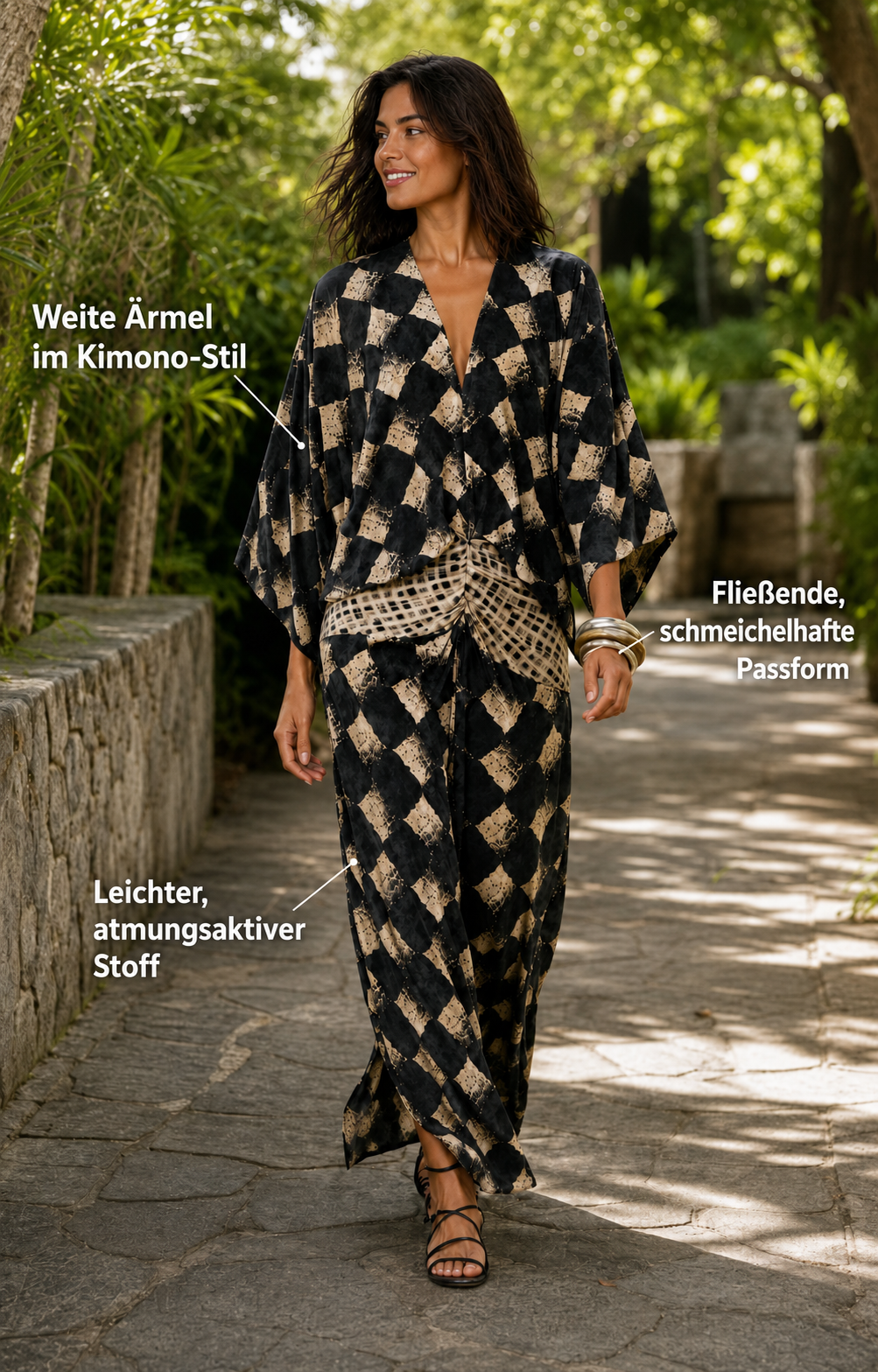 Celias | Robe maxi en mosaïque méditerranéenne avec manches kimono