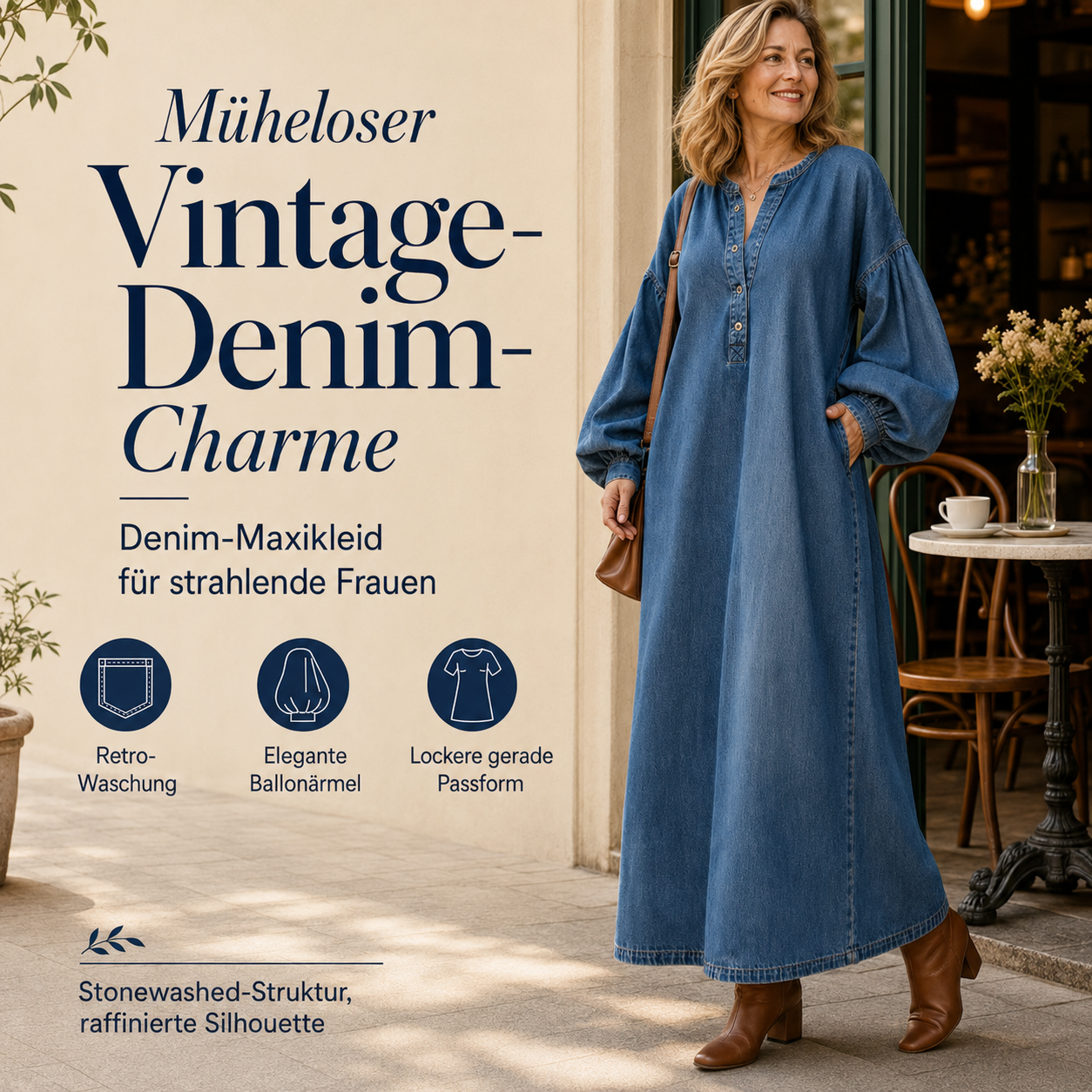Delmira | Robe maxi en denim délavé avec manches bouffantes