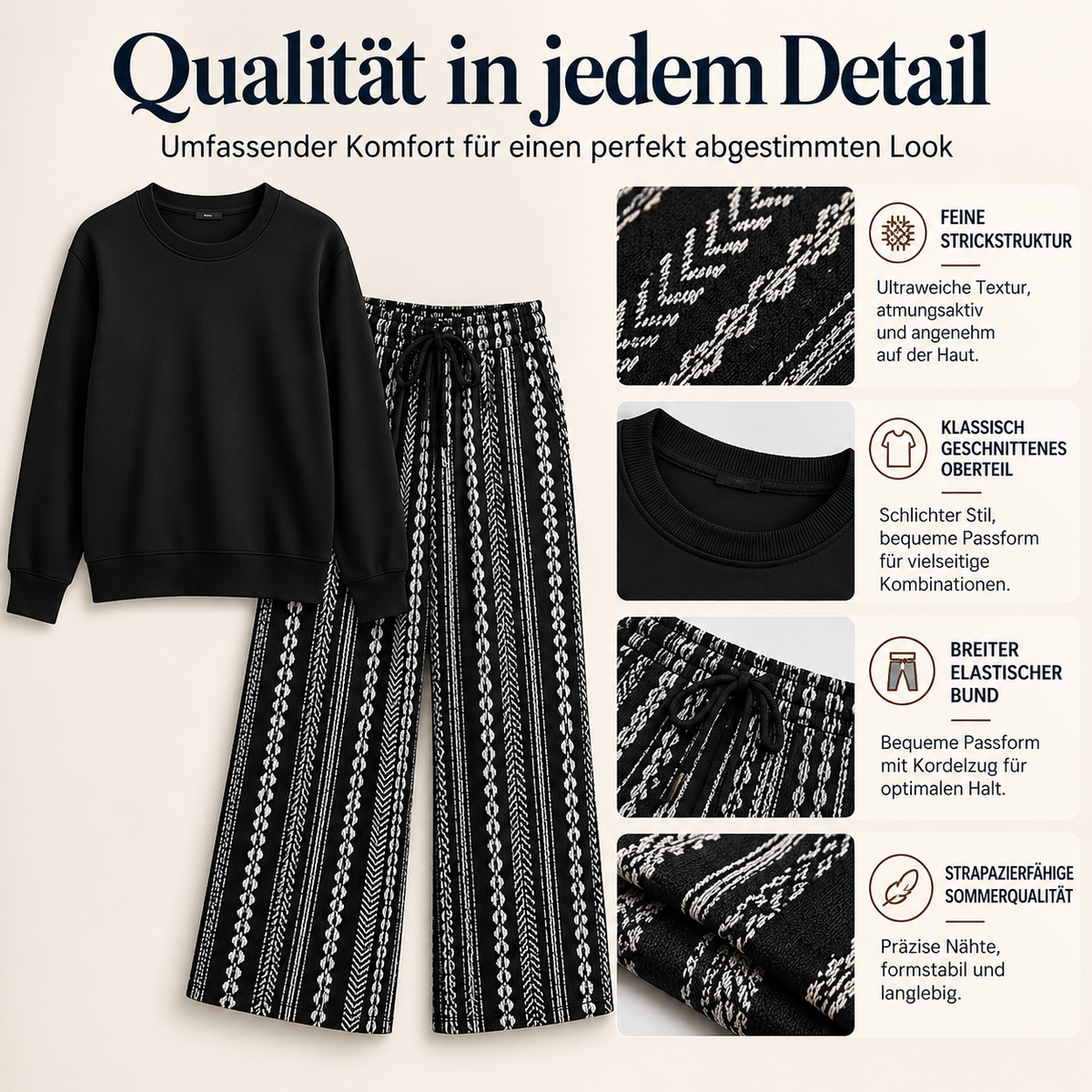 Eliajora | Ensemble décontracté pour femmes avec haut à col rond et pantalon à motifs
