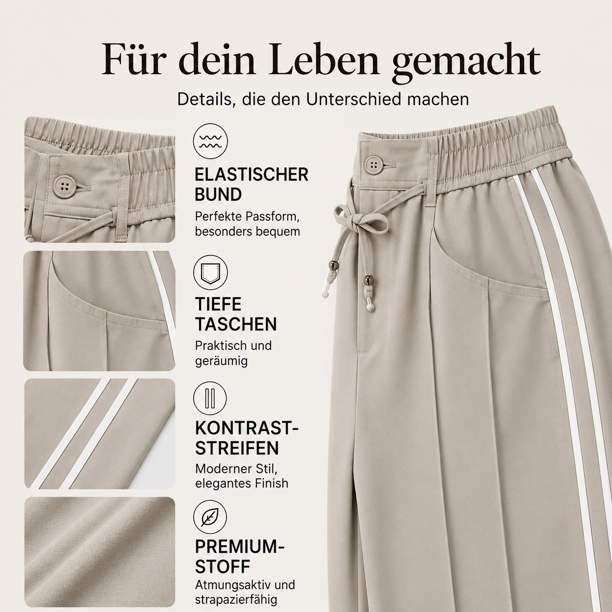 Larina | Pantalon femme à jambes larges, cordon de serrage et bandes latérales