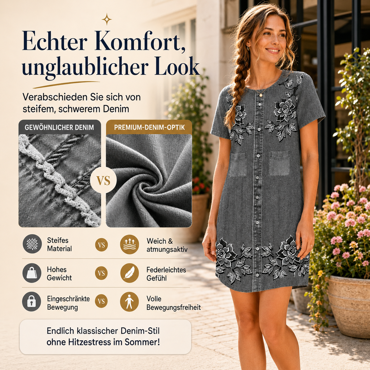 Cyloria | Robe décontractée avec patte de boutonnage et imprimé denim
