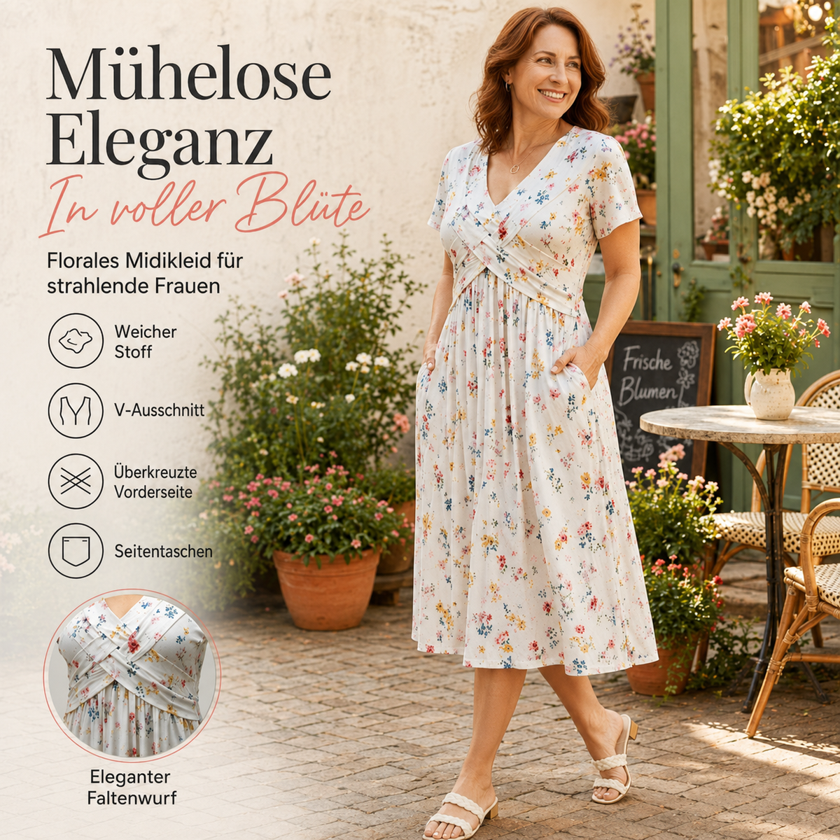 Clavie | Robe midi florale pour femmes avec taille torsadée et poches