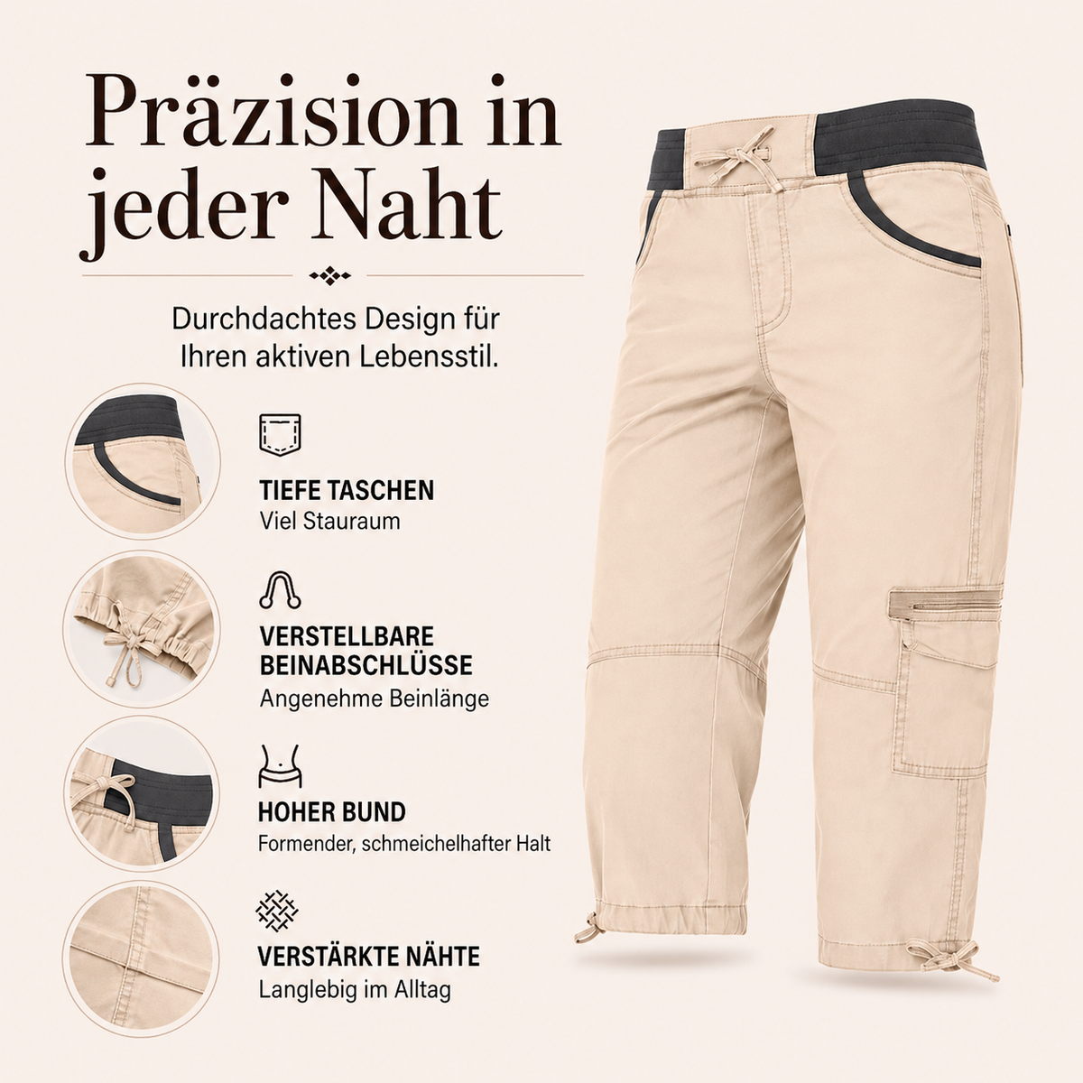 Falivana | Pantalon cargo Capri taille haute avec poches