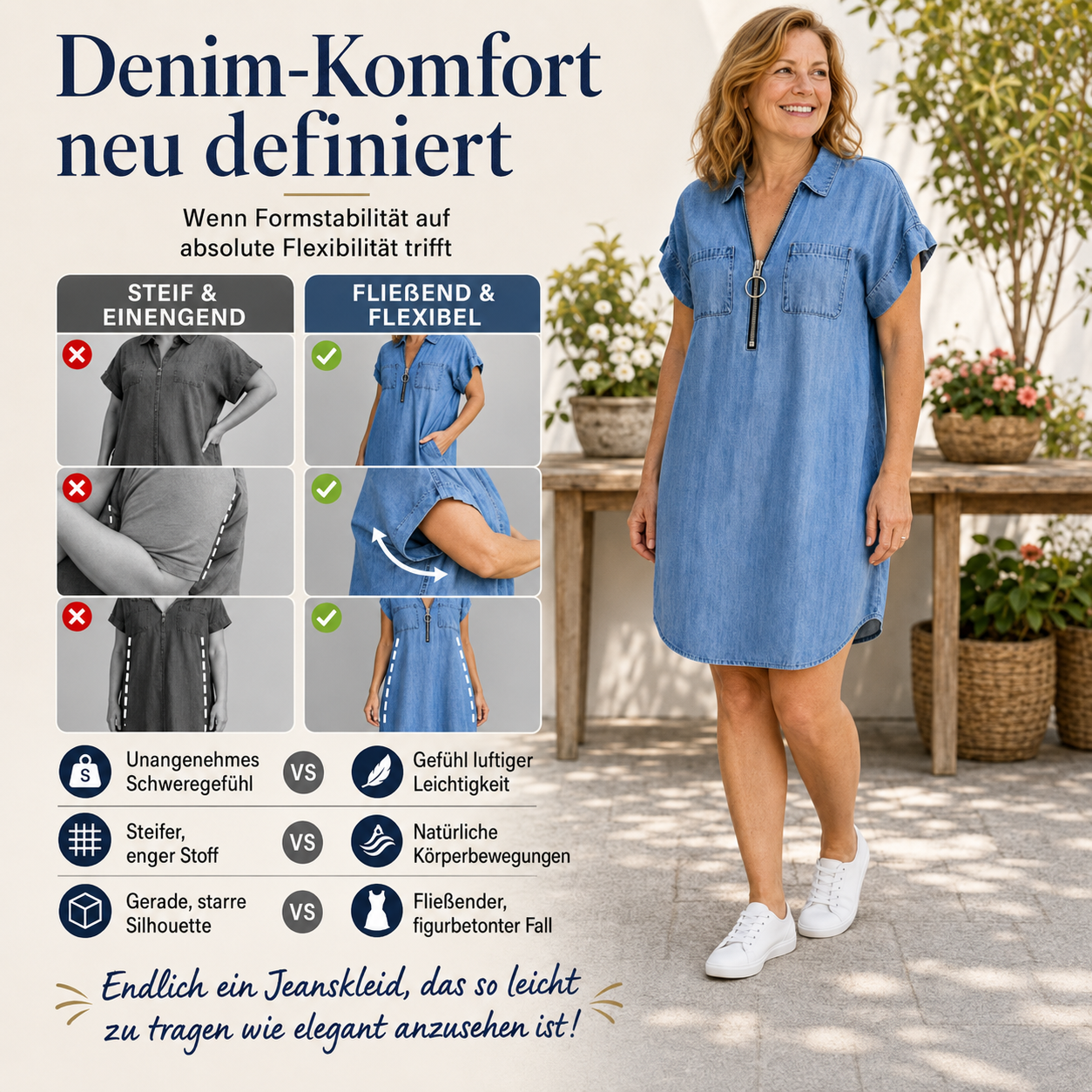 Sarevia | Robe en denim à manches courtes avec fermeture éclair frontale