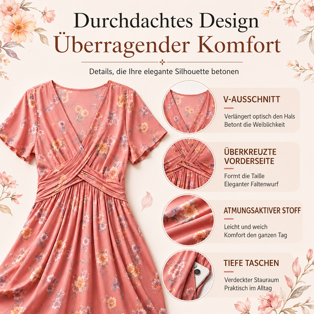 Clavie | Robe midi florale pour femmes avec taille torsadée et poches