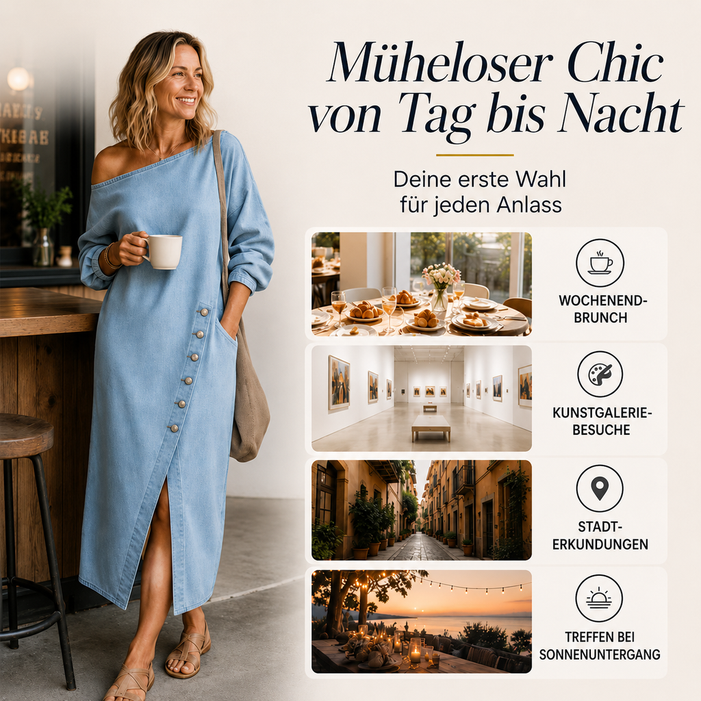Irmelin | Robe midi en denim sans épaules avec boutons latéraux