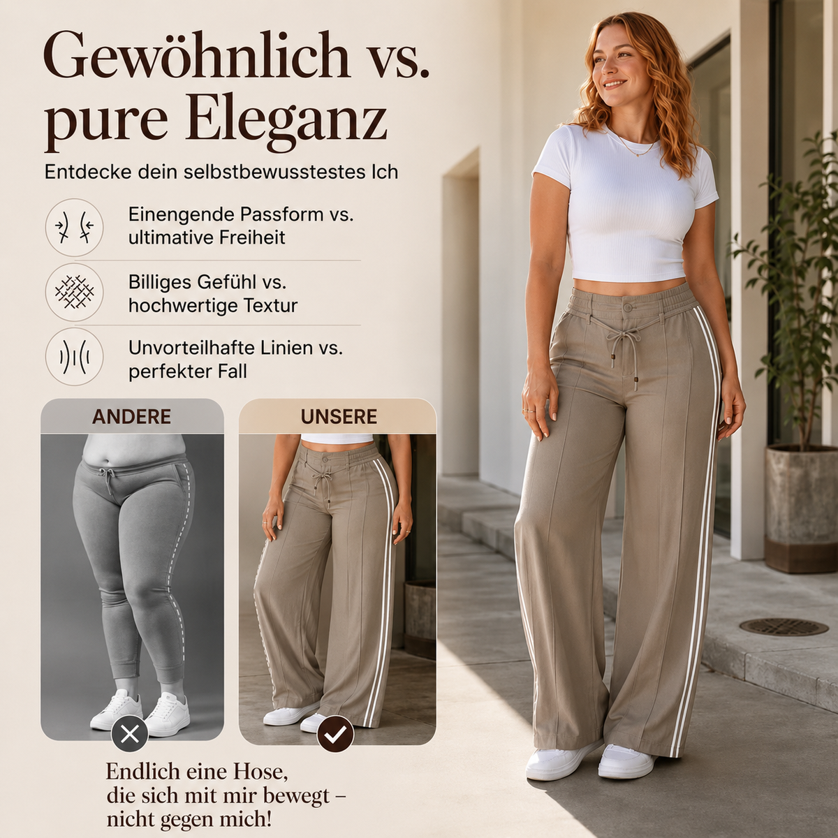 Larina | Pantalon femme à jambes larges, cordon de serrage et bandes latérales