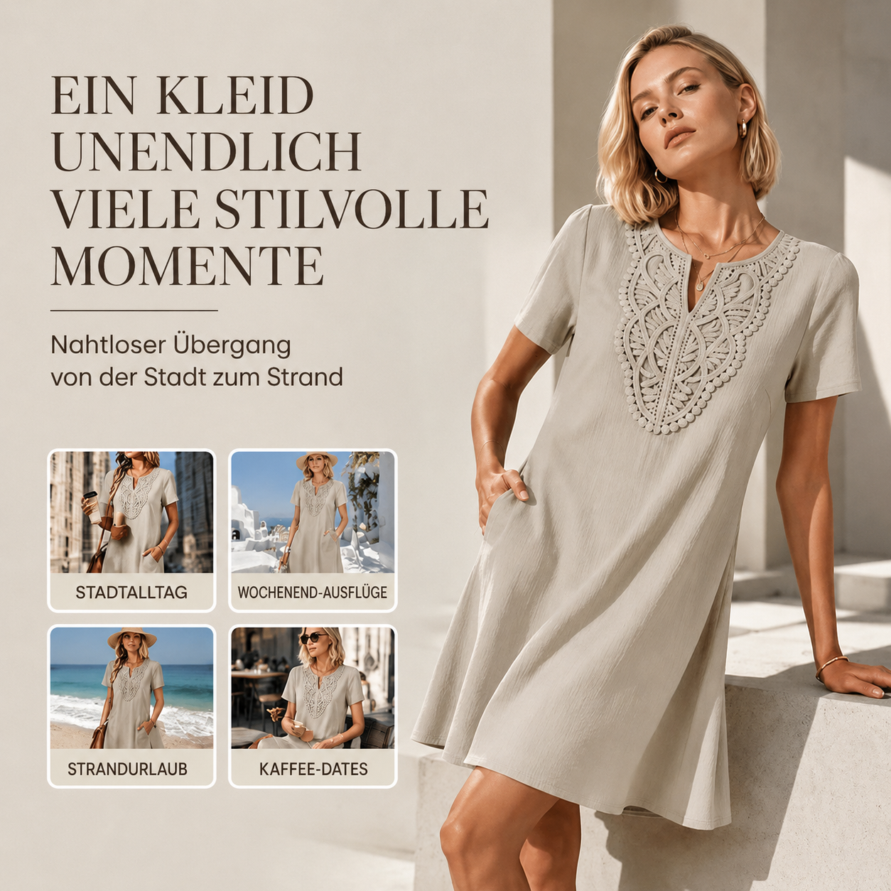 Erbeth | Robe T-Shirt Boho avec Dentelle et Décolleté en V