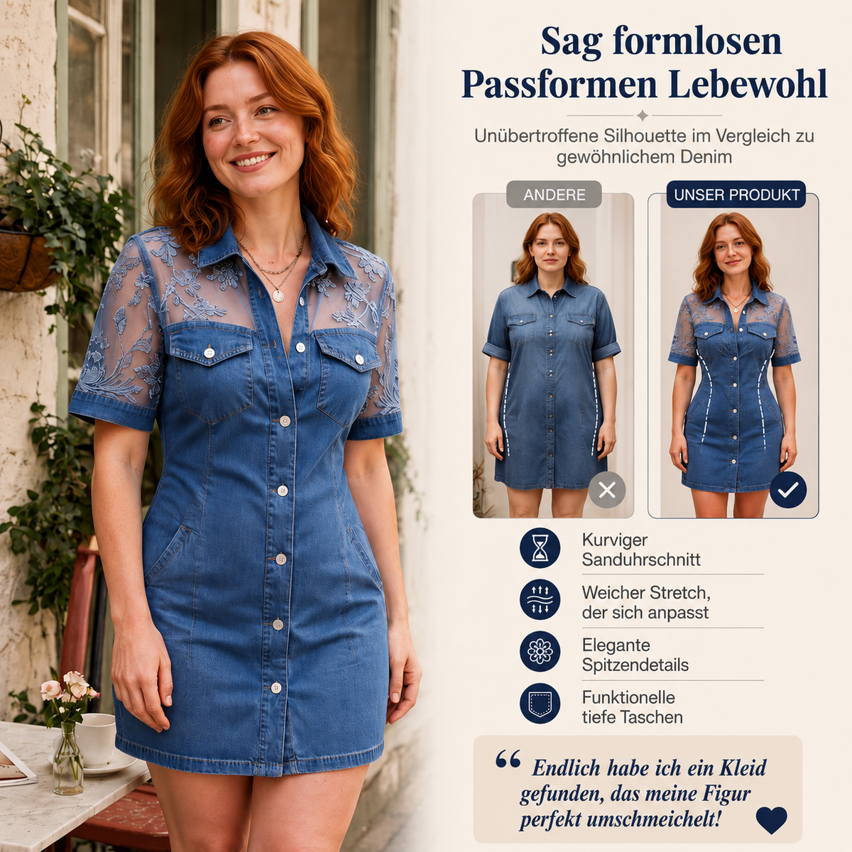 Luocy | Robe en jean mini avec dentelle florale transparente et patte de boutonnage