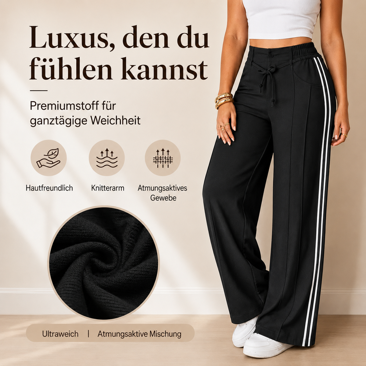 Larina | Pantalon femme à jambes larges, cordon de serrage et bandes latérales