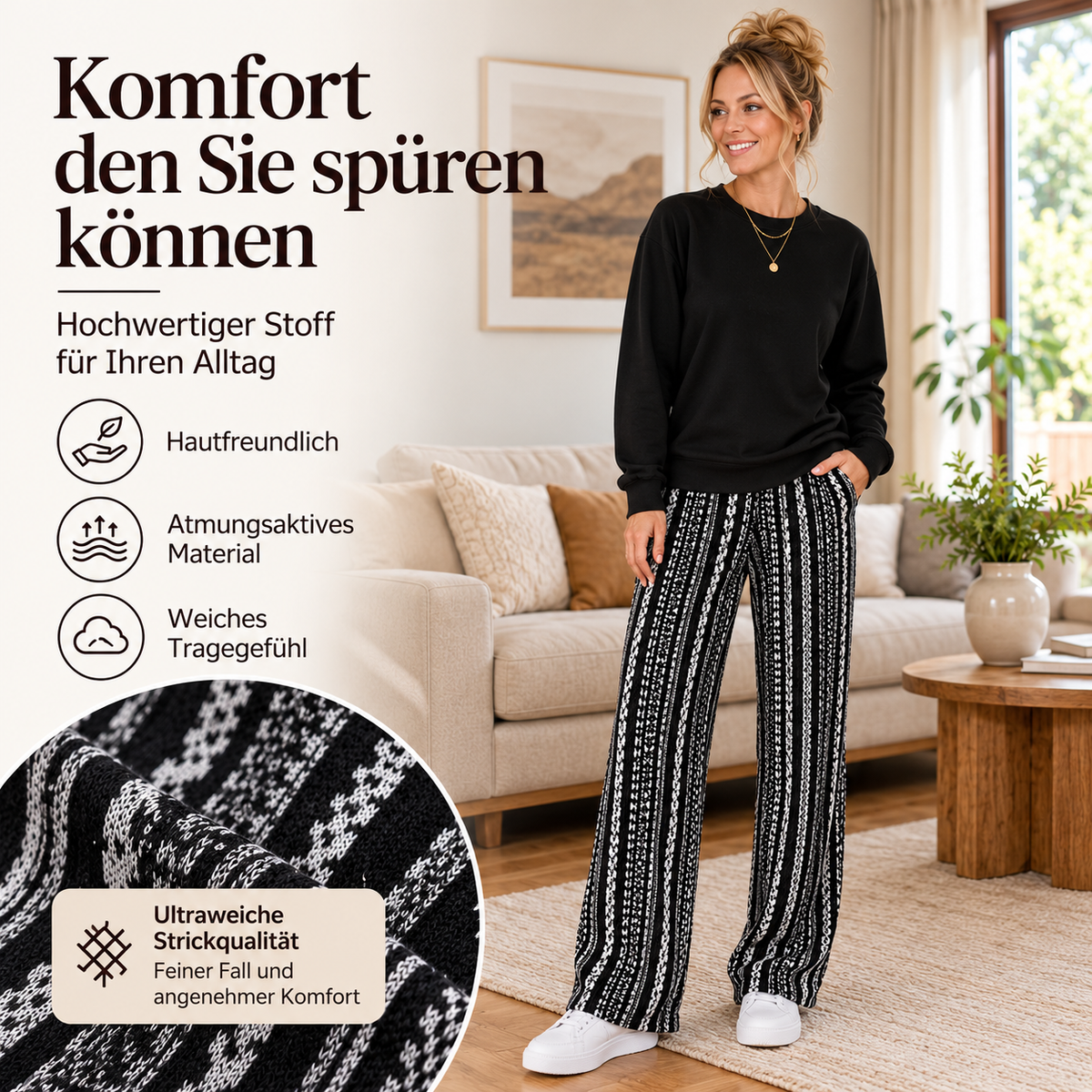 Eliajora | Ensemble décontracté pour femmes avec haut à col rond et pantalon à motifs