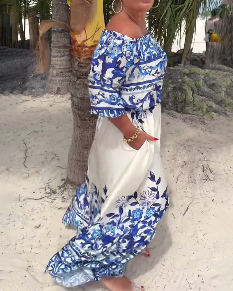Robe de Resort Imprimée à Épaules Dénudées