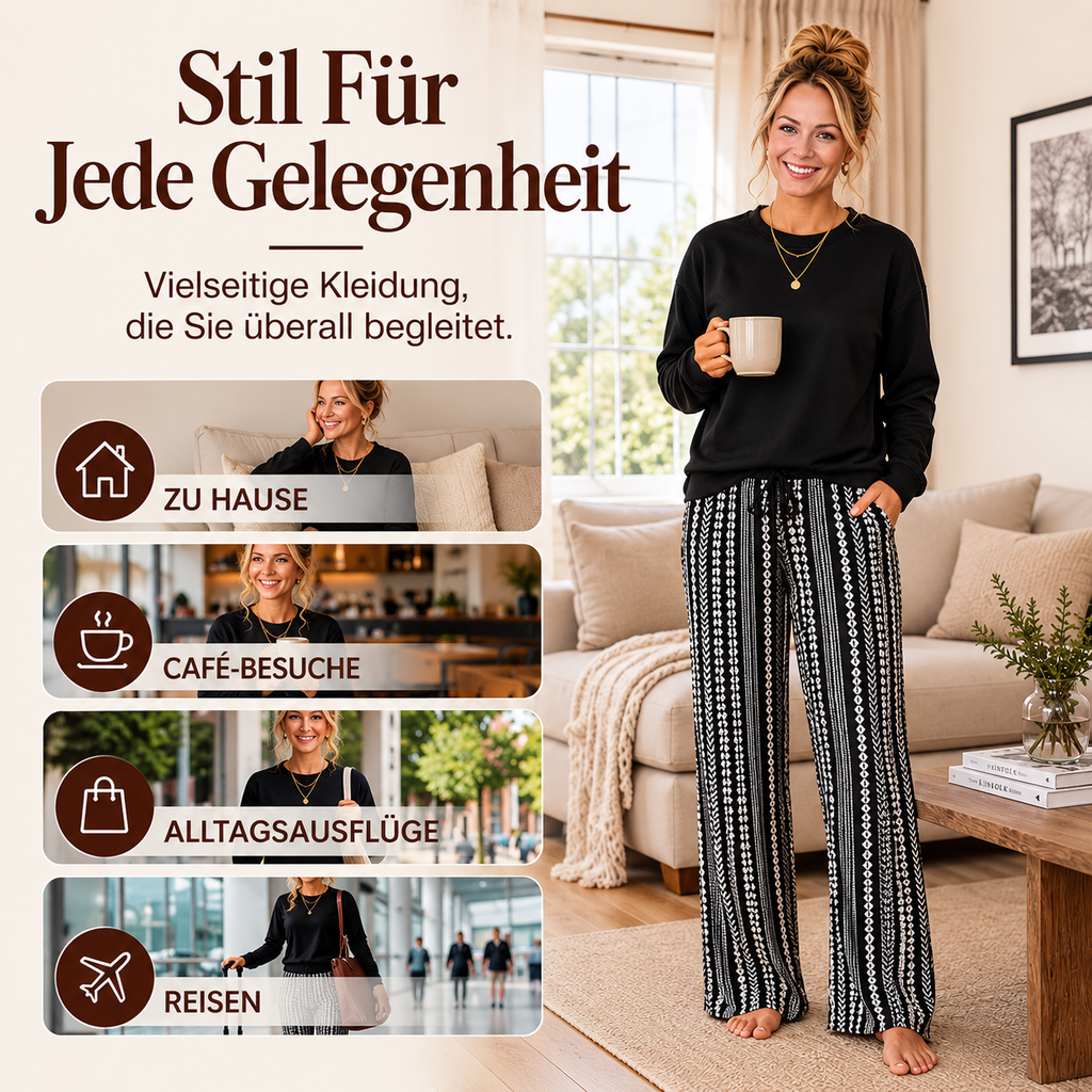 Eliajora | Ensemble décontracté pour femmes avec haut à col rond et pantalon à motifs