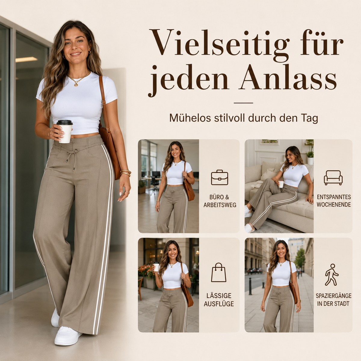 Larina | Pantalon femme à jambes larges, cordon de serrage et bandes latérales