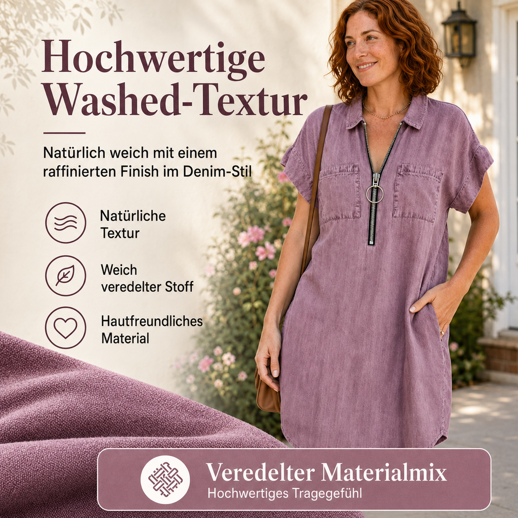 Sarevia | Robe en denim à manches courtes avec fermeture éclair frontale