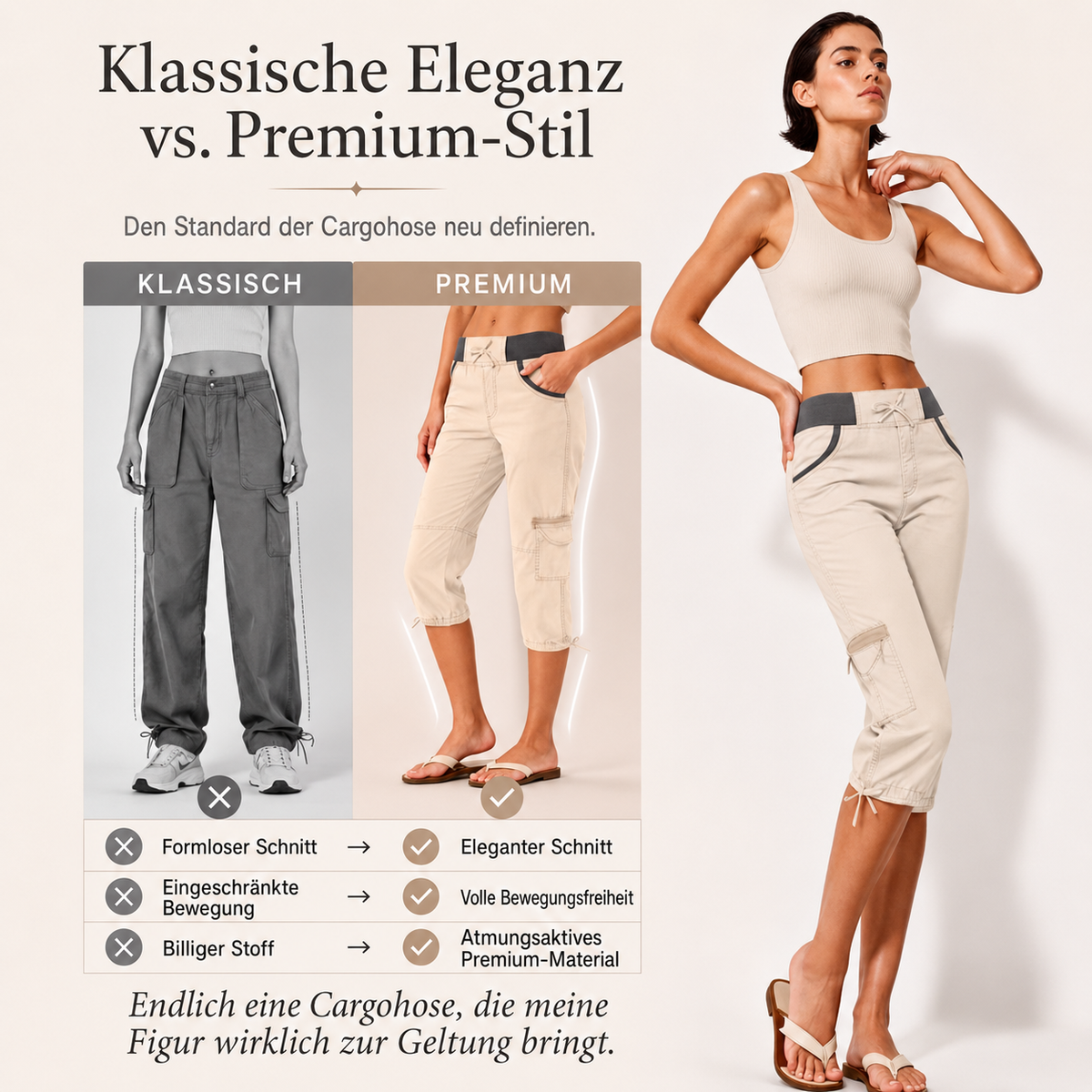 Falivana | Pantalon cargo Capri taille haute avec poches