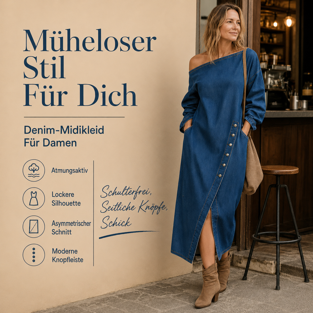 Irmelin | Robe midi en denim sans épaules avec boutons latéraux