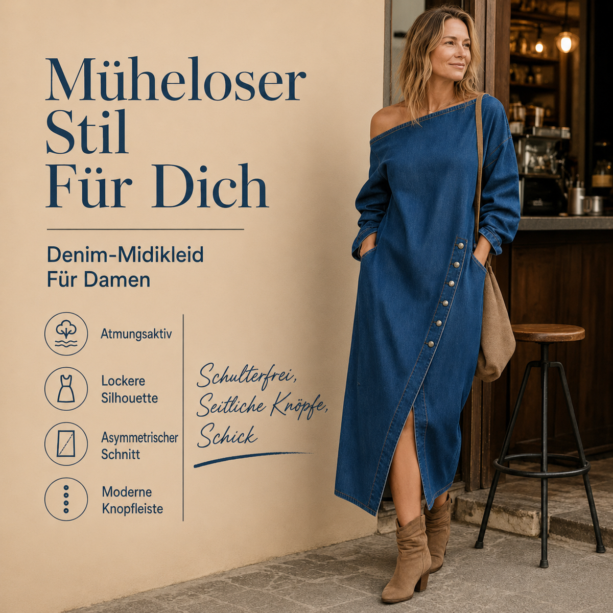 Irmelin | Robe midi en denim sans épaules avec boutons latéraux