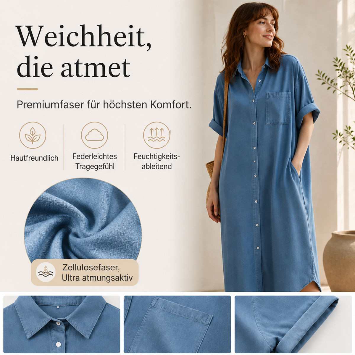 Elonii | Robe chemise en jean intemporelle avec boutonnière intégrale
