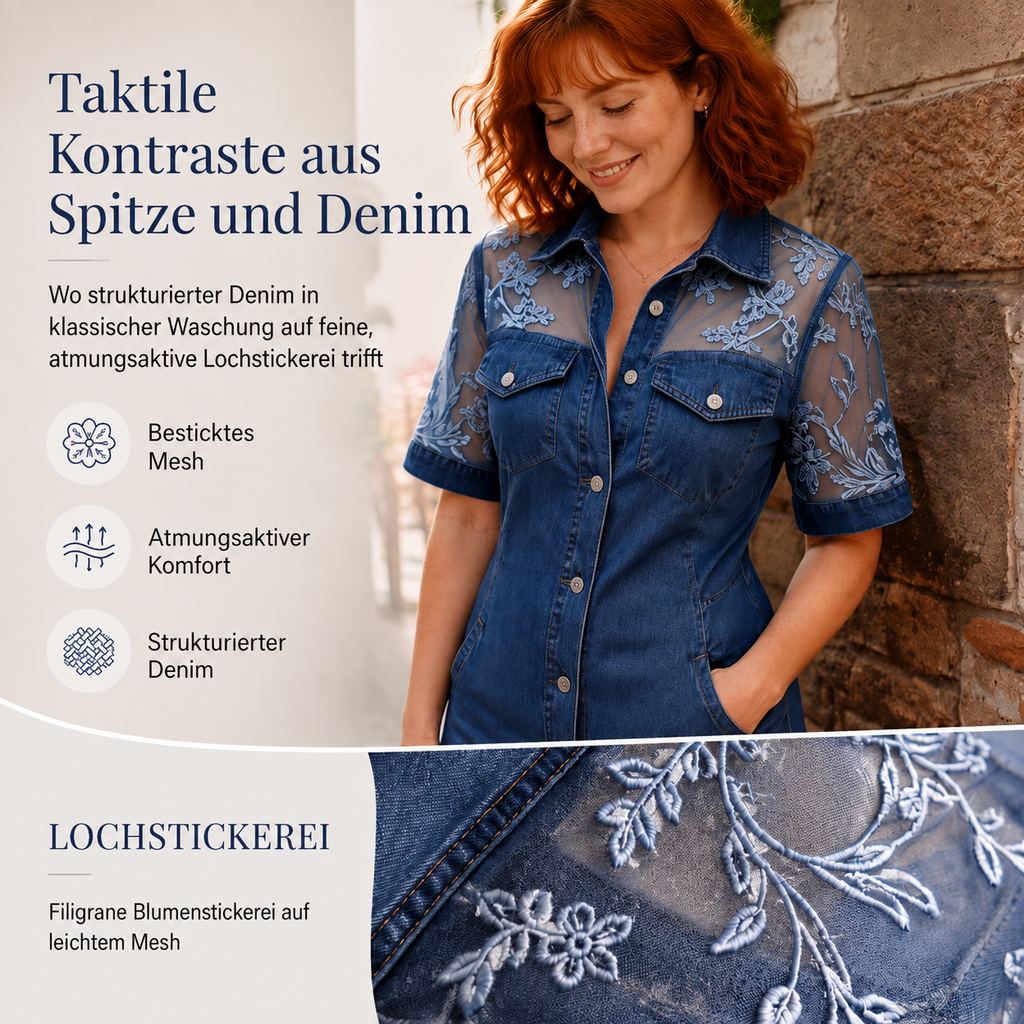 Luocy | Robe en jean mini avec dentelle florale transparente et patte de boutonnage