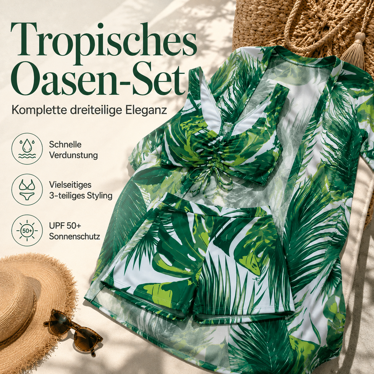 Zeshlea | Maillot de bain tropical trois pièces avec kimono de plage