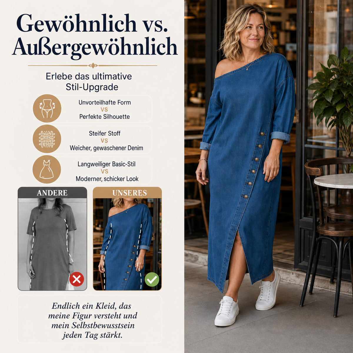 Irmelin | Robe midi en denim sans épaules avec boutons latéraux