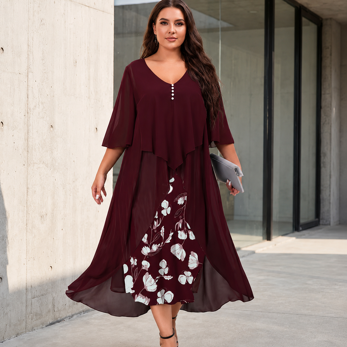 Maries | Robe midi en chiffon à superpositions avec jupe florale