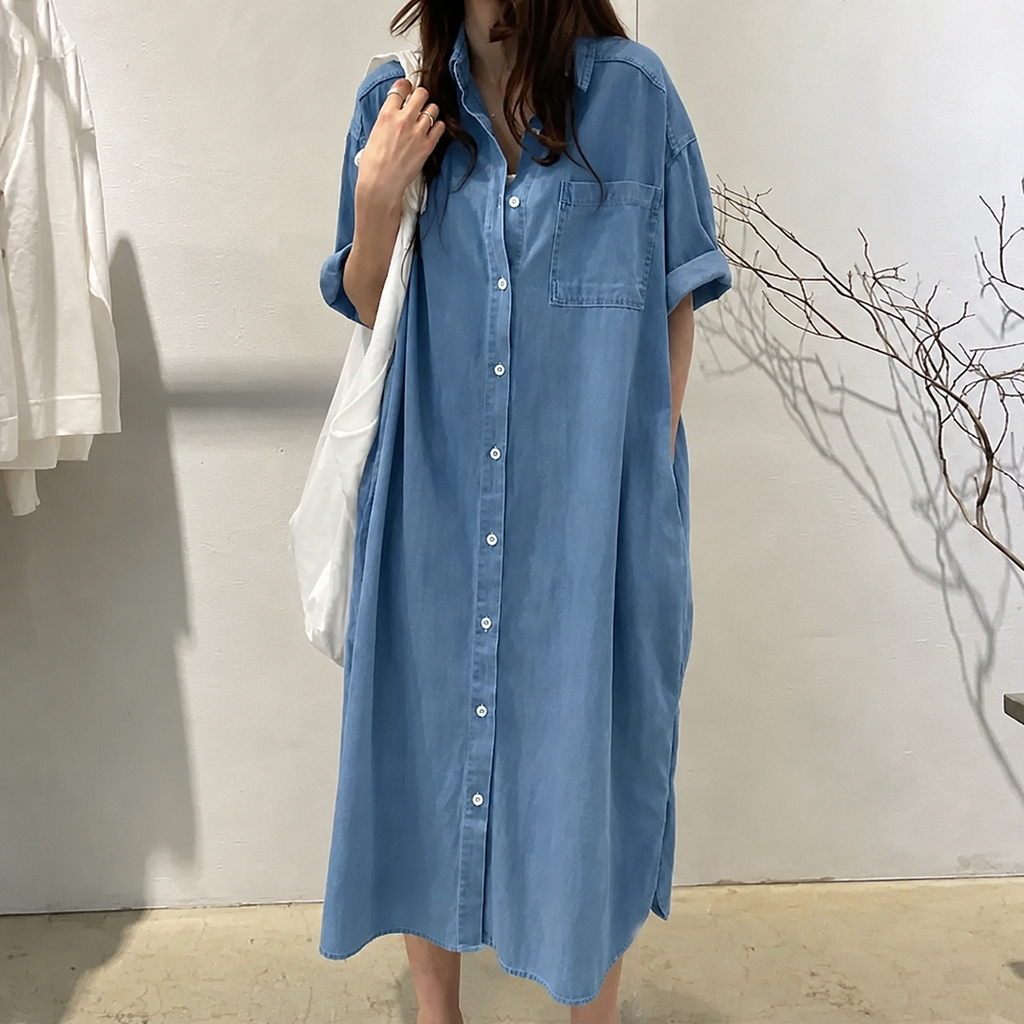 Elonii | Robe chemise en jean intemporelle avec boutonnière intégrale