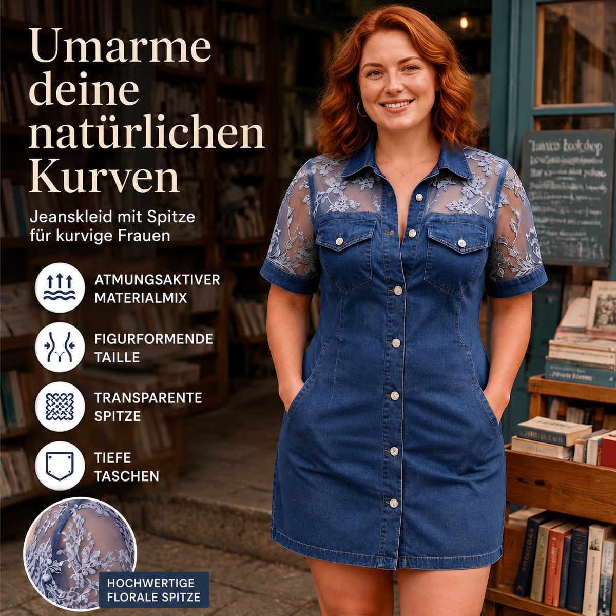 Luocy | Robe en jean mini avec dentelle florale transparente et patte de boutonnage