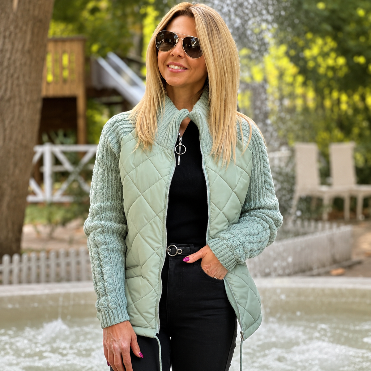 Myve | Veste d'hiver femme avec design matelassé et manches en tricot torsadé