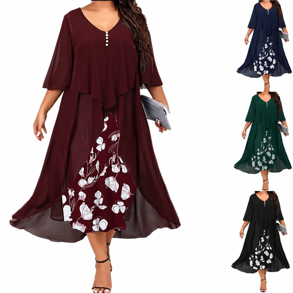 Maries | Robe midi en chiffon à superpositions avec jupe florale