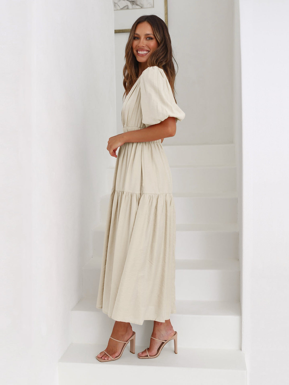 Robe Cocktail Midi Femme | Col V Froncé