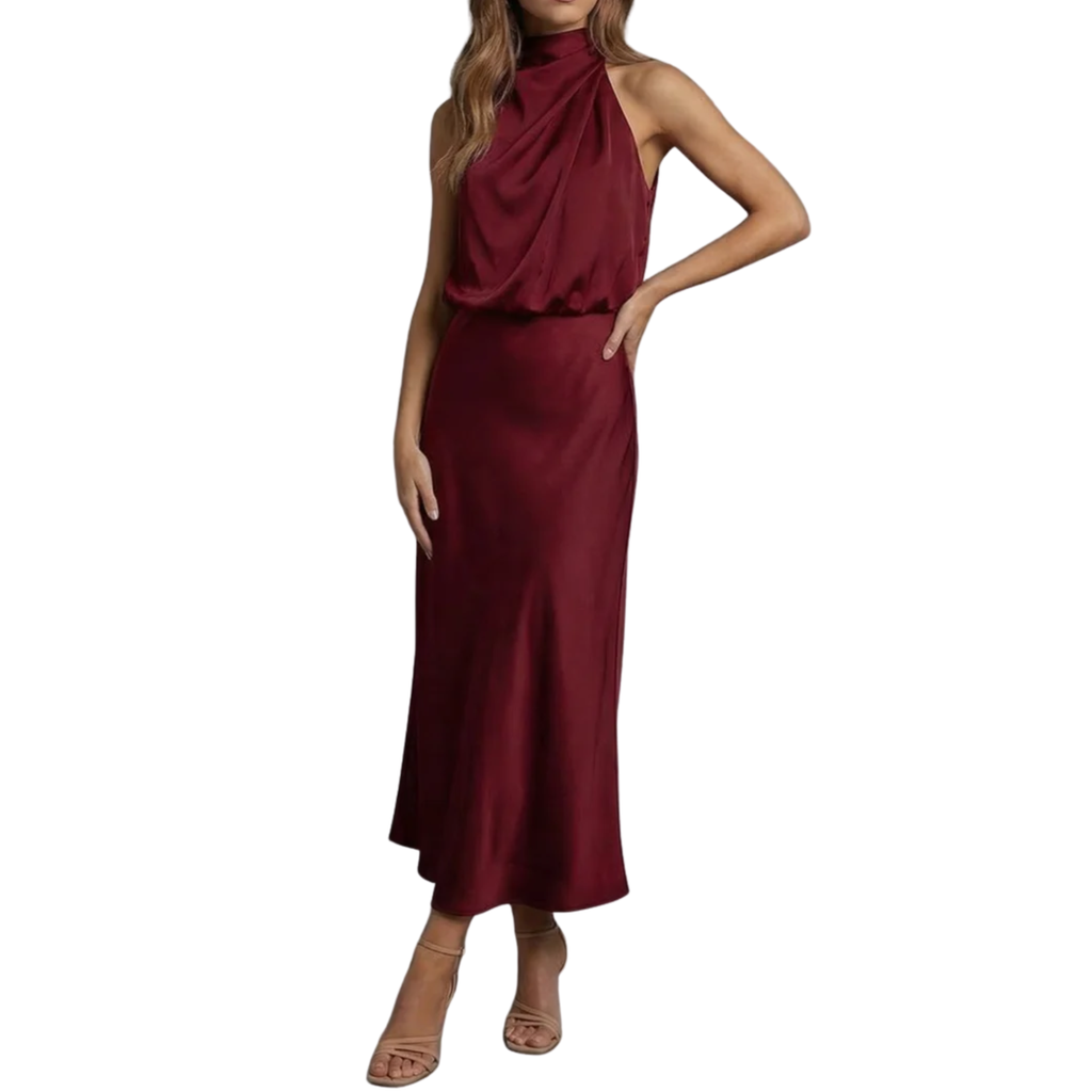 Robe de Soirée Wedding Guest Dress Satinée à Dos Nu et Encolure Américaine