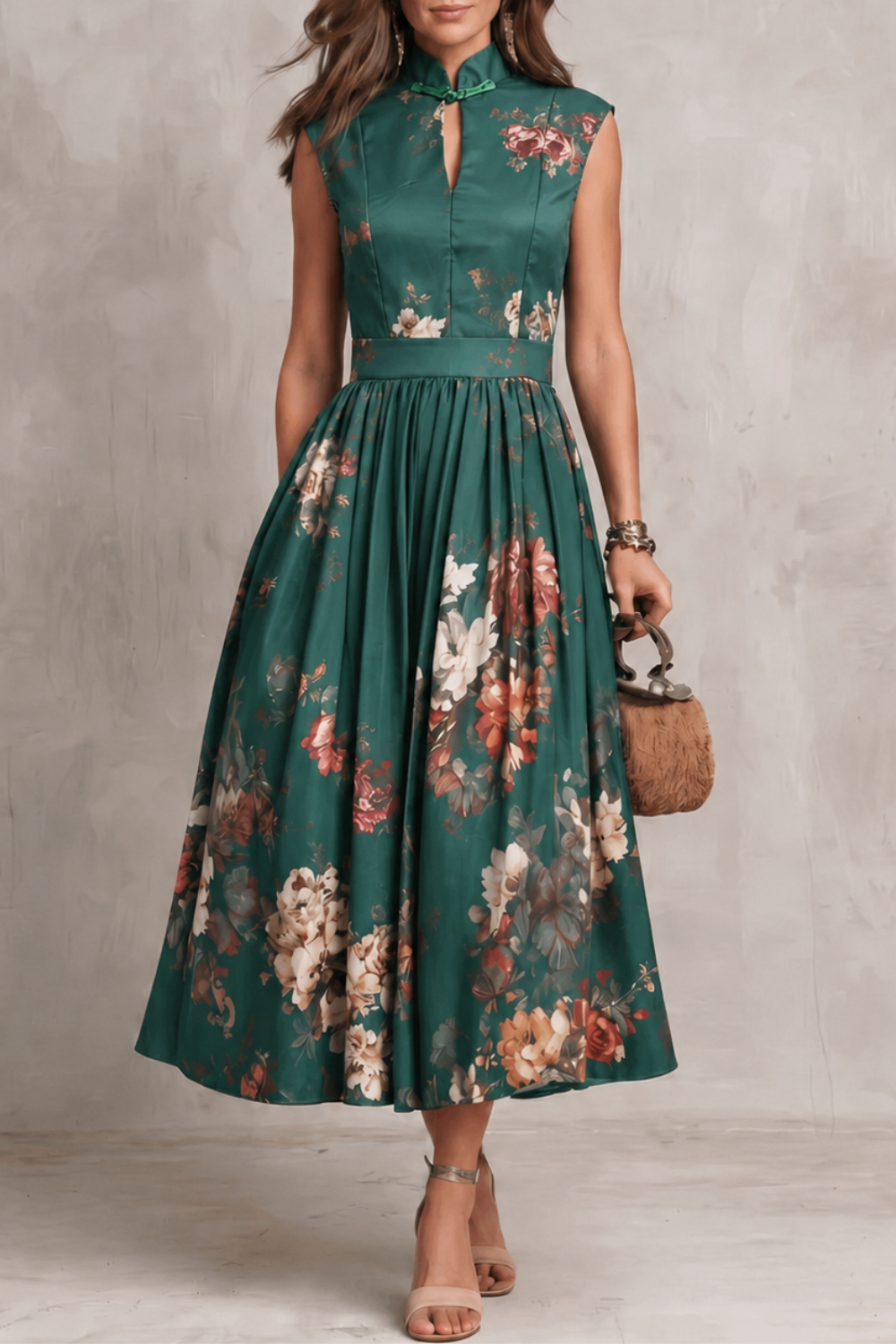 Noirelle | Robe fleurie midi sans manches pour femmes