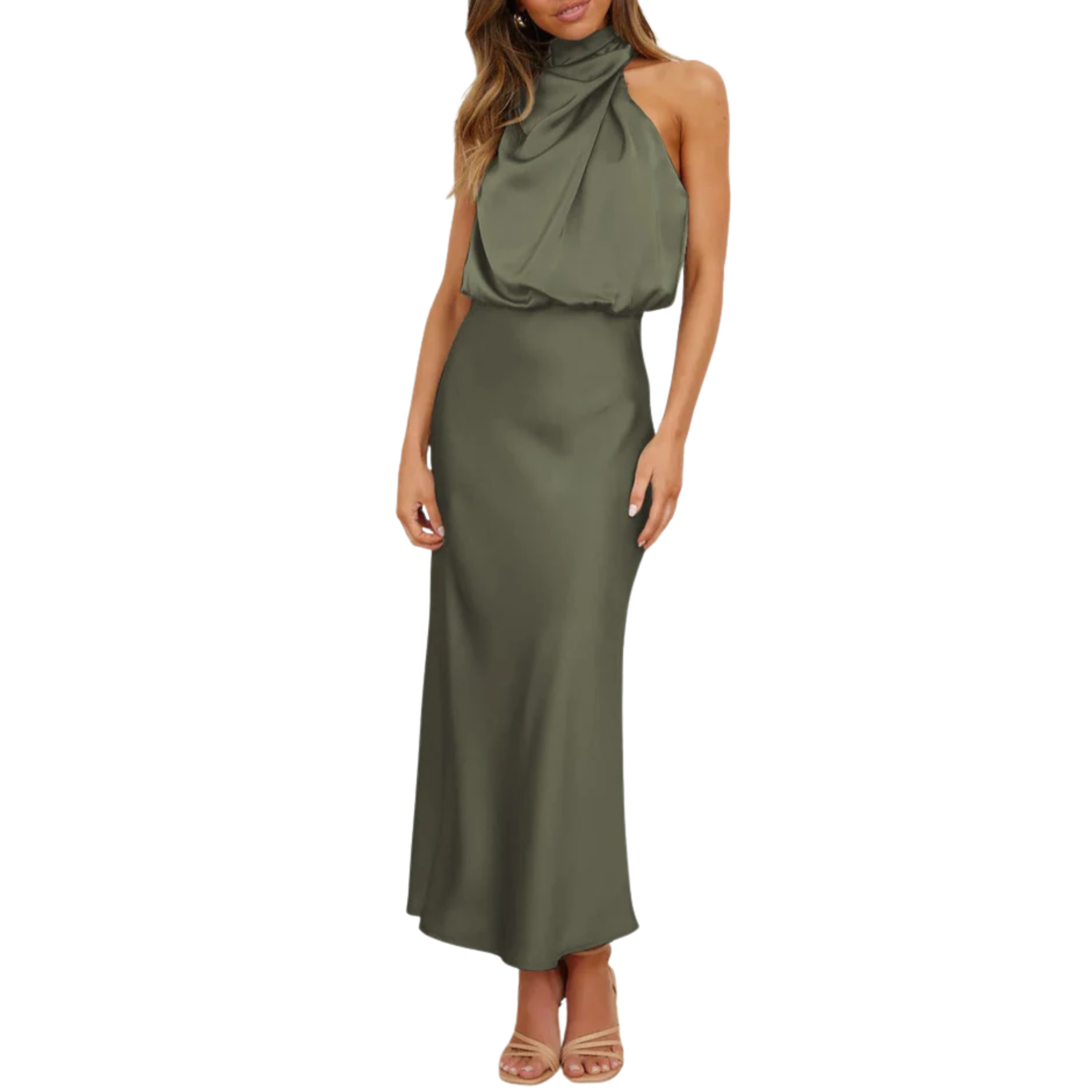 Robe Midi en Satin avec Col Drapé et Design à Dos Nu